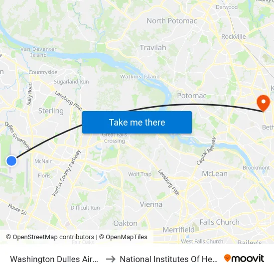 Washington Dulles Airport to National Institutes Of Health map