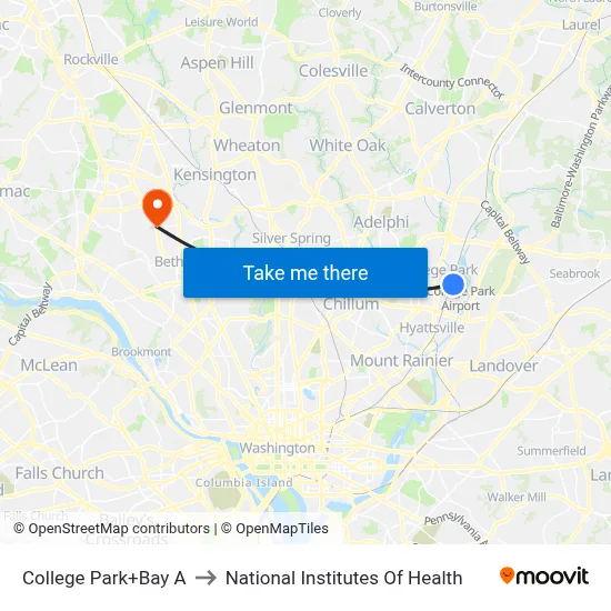 College Park+Bay A to National Institutes Of Health map