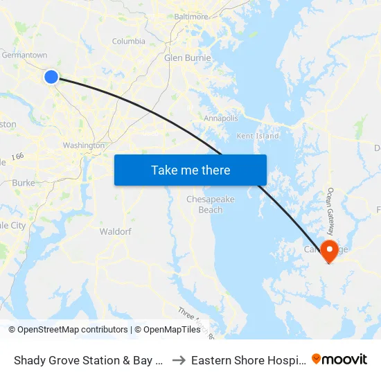 Shady Grove Station & Bay J to Eastern Shore Hospital Ctr map