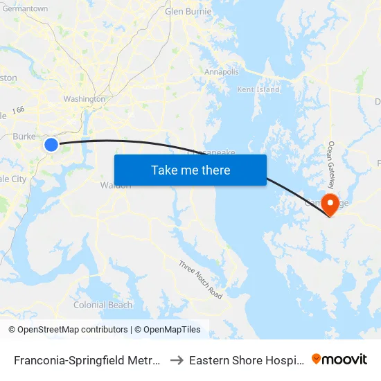 Franconia-Springfield Metro Bay H to Eastern Shore Hospital Ctr map