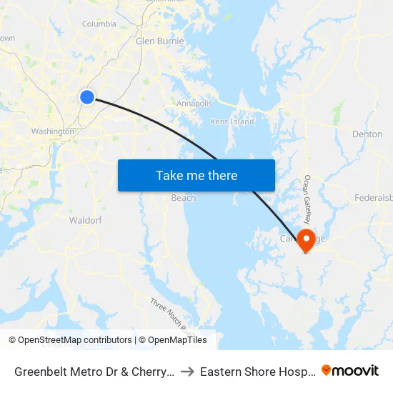 Greenbelt Metro Dr & Cherrywood Ln to Eastern Shore Hospital Ctr map