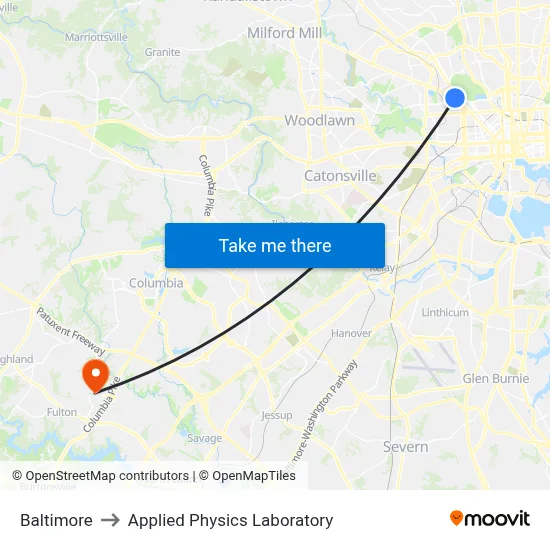 Baltimore to Applied Physics Laboratory map