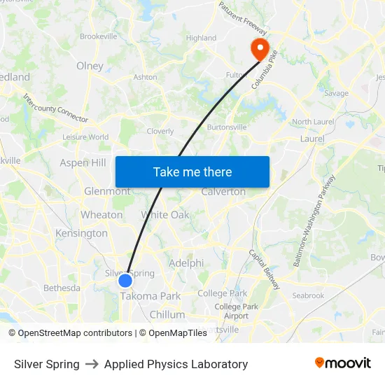 Silver Spring to Applied Physics Laboratory map