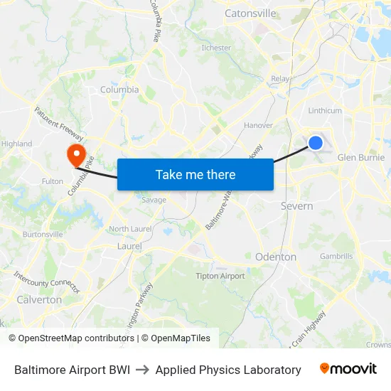 Baltimore Airport BWI to Applied Physics Laboratory map