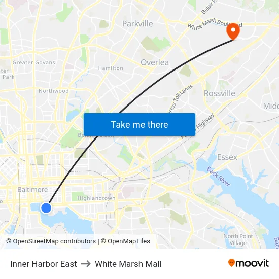 Inner Harbor East to White Marsh Mall map