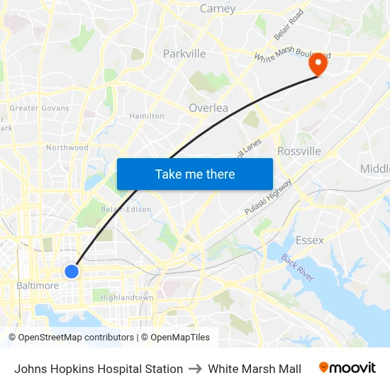 Johns Hopkins Hospital Station to White Marsh Mall map