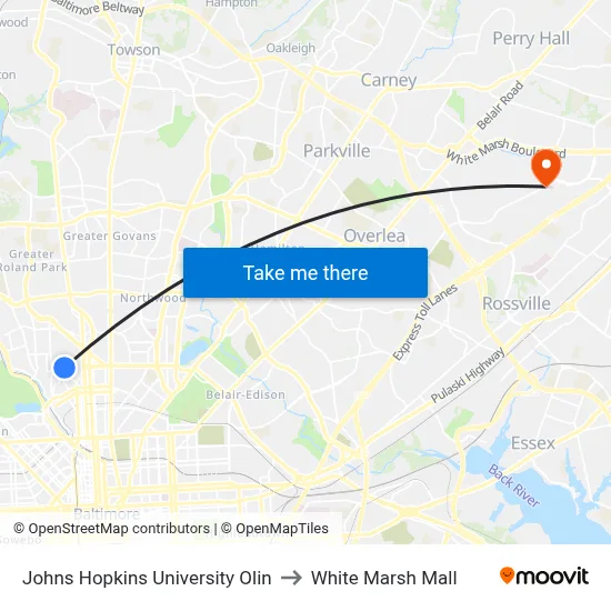 Johns Hopkins University Olin to White Marsh Mall map