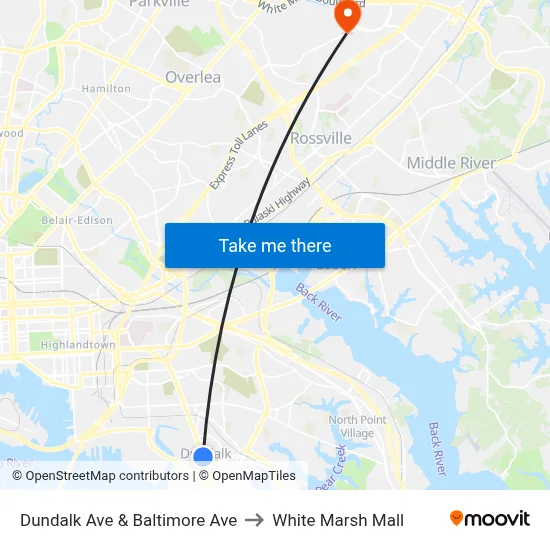 Dundalk Ave & Baltimore Ave to White Marsh Mall map
