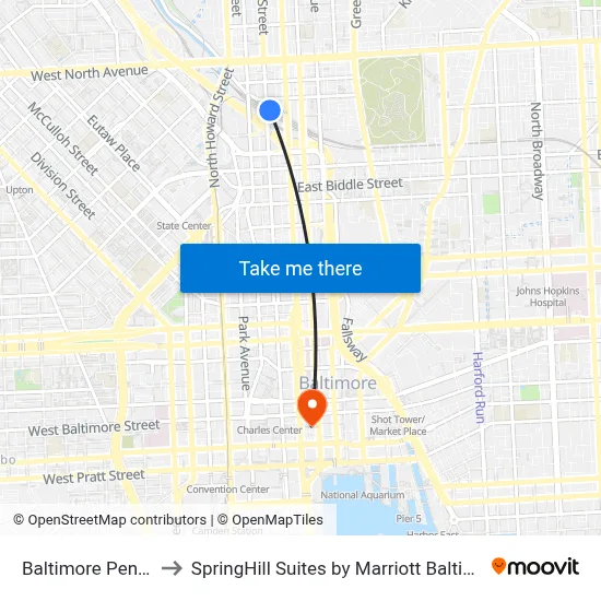 Baltimore Penn Station to SpringHill Suites by Marriott Baltimore Inner Harbor map