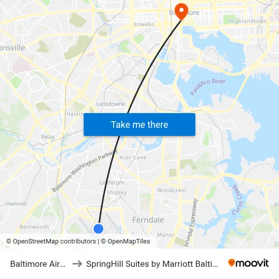 Baltimore Airport BWI to SpringHill Suites by Marriott Baltimore Inner Harbor map