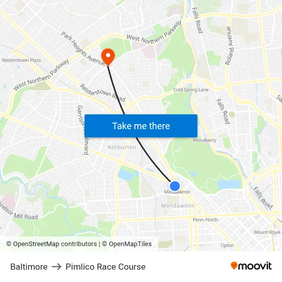 Baltimore to Pimlico Race Course map