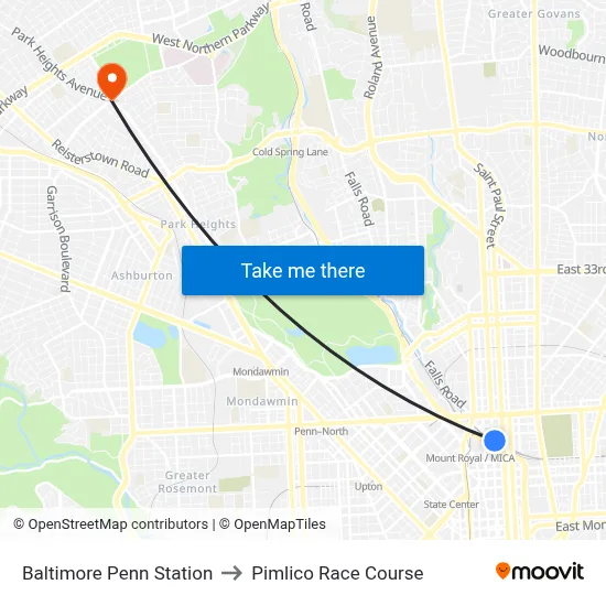 Baltimore Penn Station to Pimlico Race Course map
