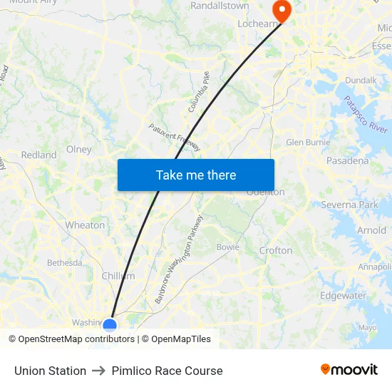 Union Station to Pimlico Race Course map
