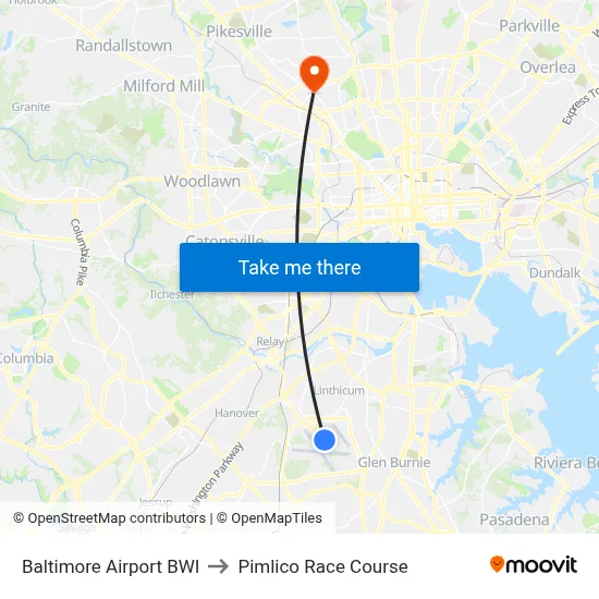 Baltimore Airport BWI to Pimlico Race Course map