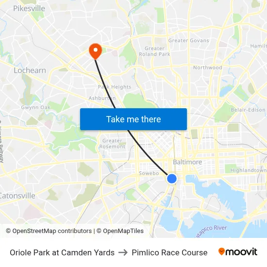 Oriole Park at Camden Yards to Pimlico Race Course map