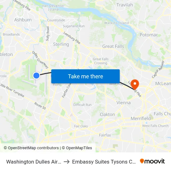 Washington Dulles Airport to Embassy Suites Tysons Corner map