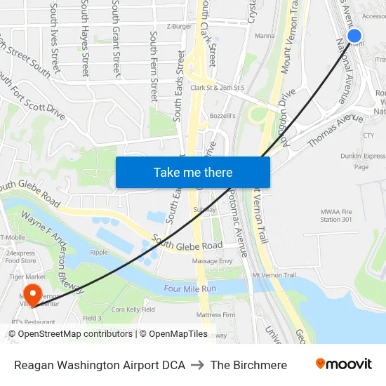 Reagan Washington Airport DCA to The Birchmere map