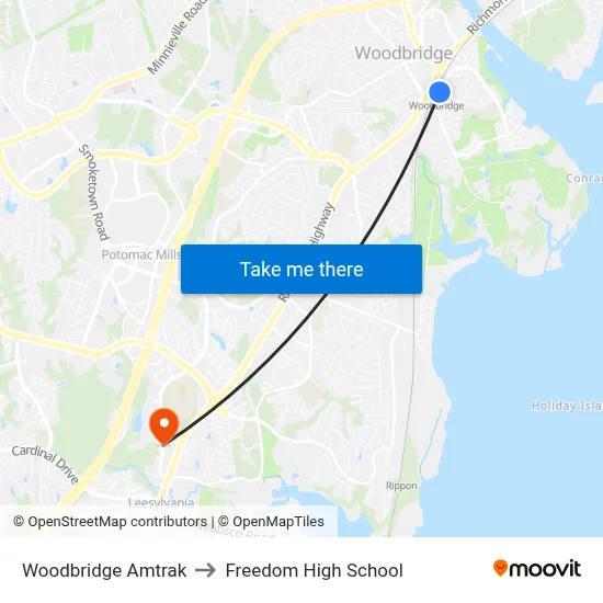 Woodbridge Amtrak to Freedom High School map