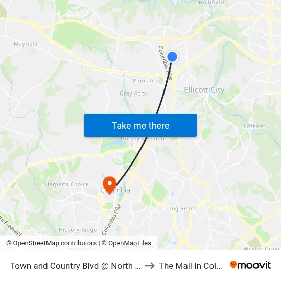 Town and Country Blvd @ North Ridge Rd to The Mall In Columbia map