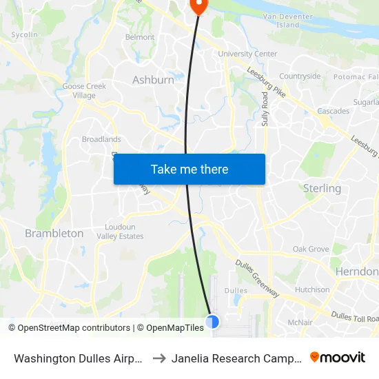 Washington Dulles Airport to Janelia Research Campus map
