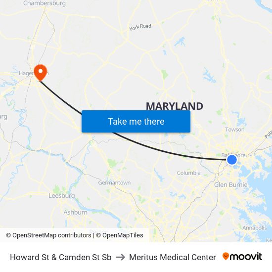 Howard St & Camden St Sb to Meritus Medical Center map