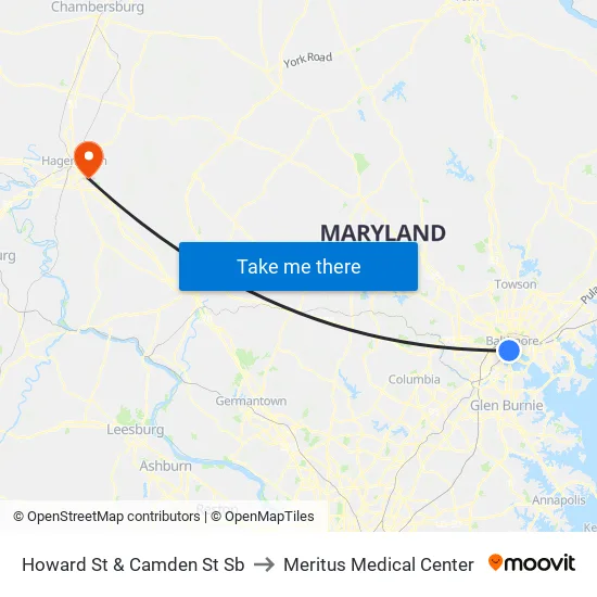 Howard St & Camden St Sb to Meritus Medical Center map