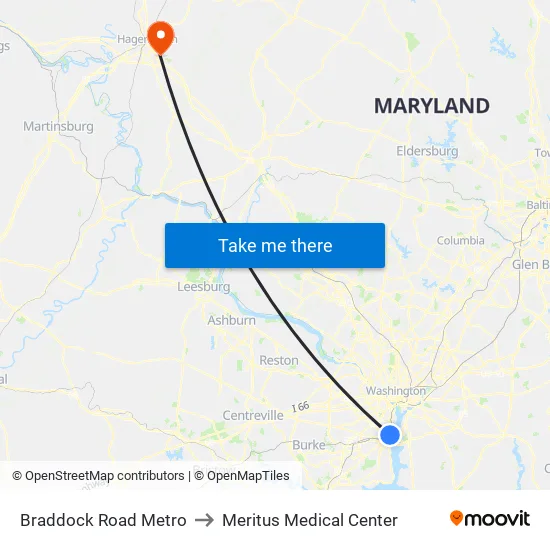 Braddock Road Metro to Meritus Medical Center map