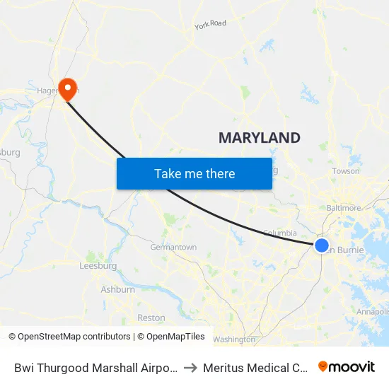 Bwi Thurgood Marshall  Airport, Md to Meritus Medical Center map