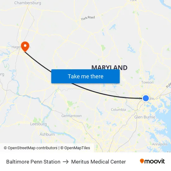 Baltimore Penn Station to Meritus Medical Center map
