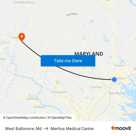 West Baltimore, Md to Meritus Medical Center map