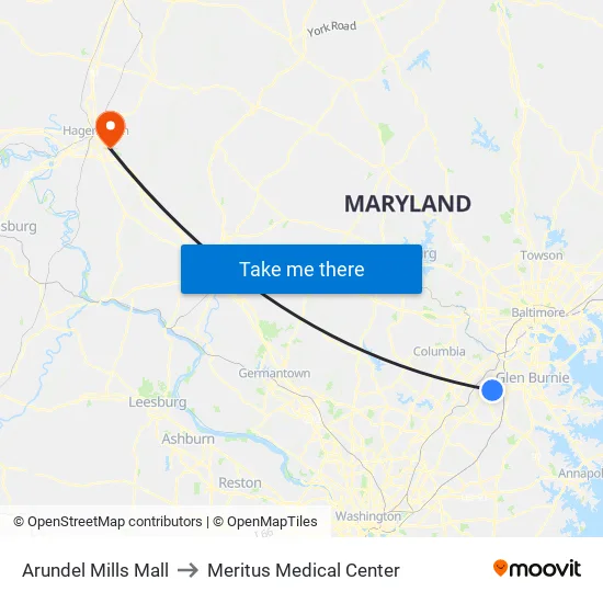 Arundel Mills Mall to Meritus Medical Center map