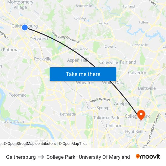 Gaithersburg to College Park–University Of Maryland map