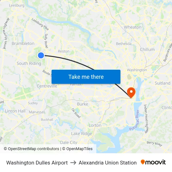 Washington Dulles Airport to Alexandria Union Station map