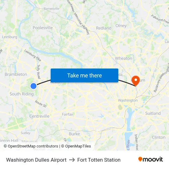 Washington Dulles Airport to Fort Totten Station map