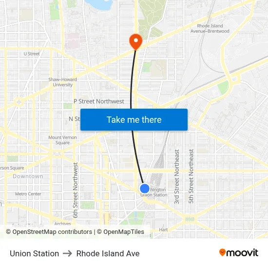 Union Station to Rhode Island Ave map