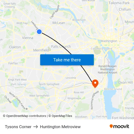 Tysons Corner to Huntington Metroview map