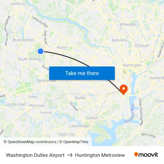 Washington Dulles Airport to Huntington Metroview map