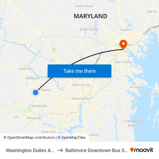 Washington Dulles Airport to Baltimore Downtown Bus Station map