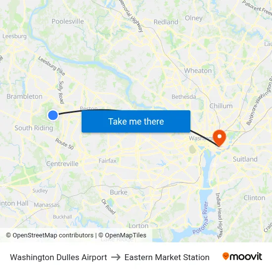 Washington Dulles Airport to Eastern Market Station map