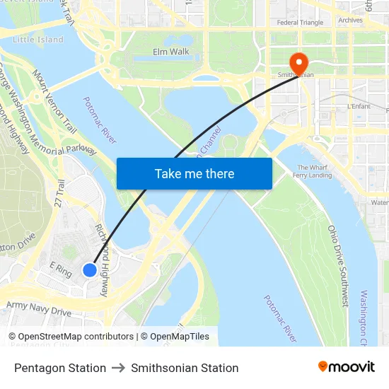 Pentagon Station to Smithsonian Station map