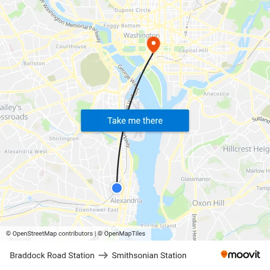 Braddock Road Station to Smithsonian Station map