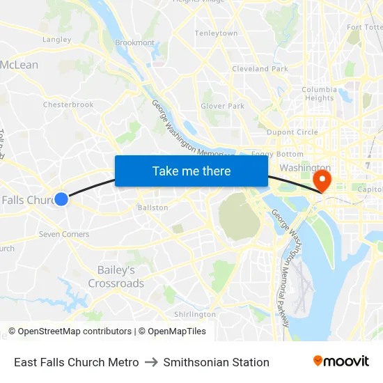 East Falls Church Metro to Smithsonian Station map