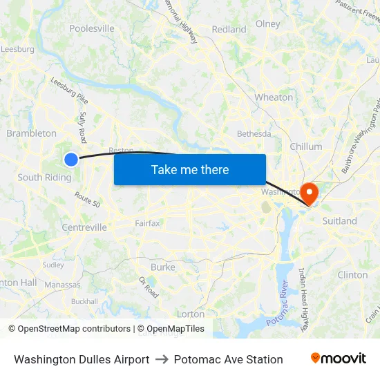 Washington Dulles Airport to Potomac Ave Station map