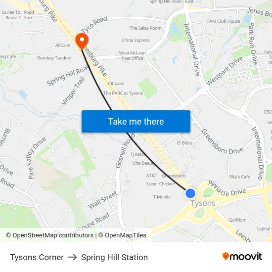 Tysons Corner to Spring Hill Station map