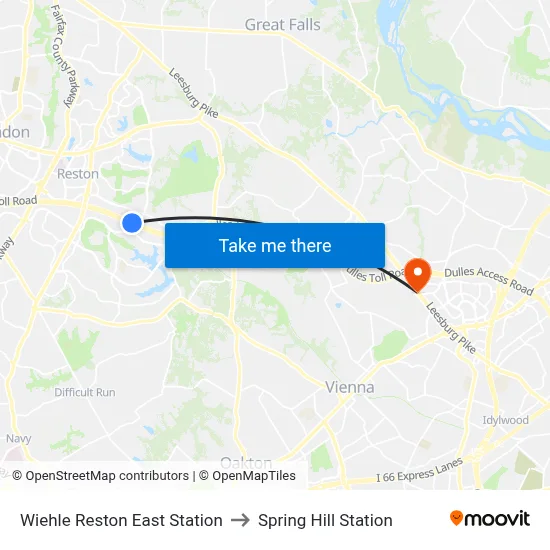 Wiehle Reston East Station to Spring Hill Station map
