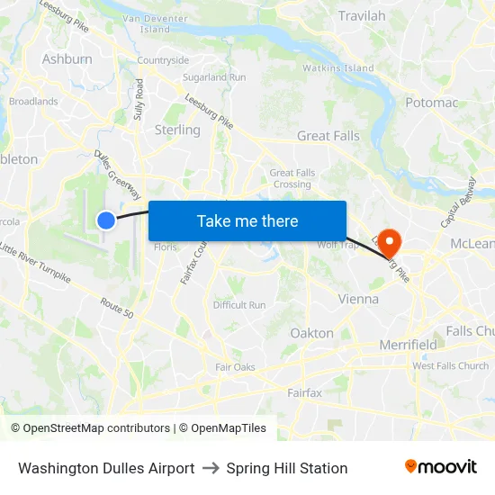 Washington Dulles Airport to Spring Hill Station map