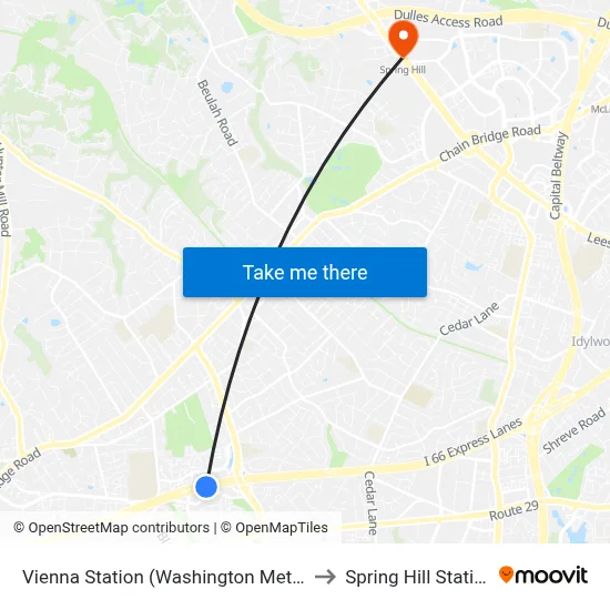 Vienna Station (Washington Metro) to Spring Hill Station map