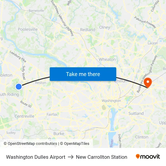 Washington Dulles Airport to New Carrollton Station map
