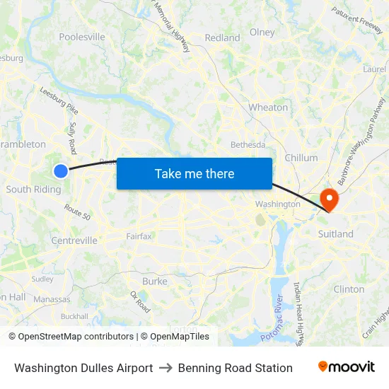 Washington Dulles Airport to Benning Road Station map