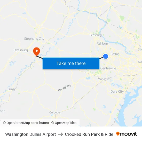 Washington Dulles Airport to Crooked Run Park & Ride map